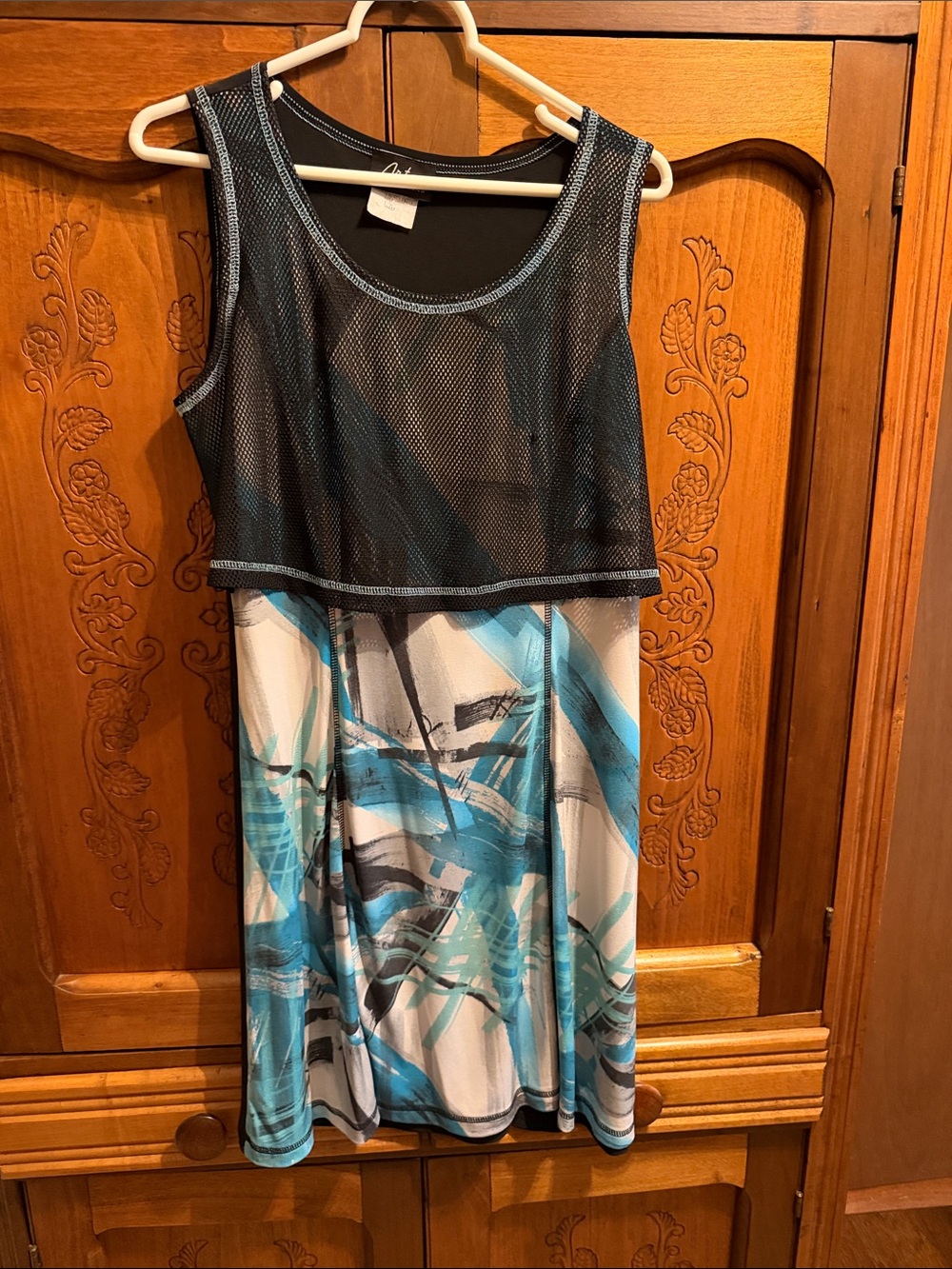 Sleeveless Black Mesh Overlay Midi Dress with Teal Abstract Print